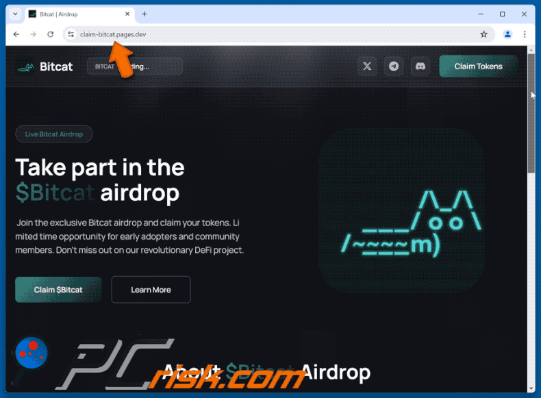 Aparência do $Bitcat Airdrop golpe (claim-bitcat.pages[.]dev) (GIF)
