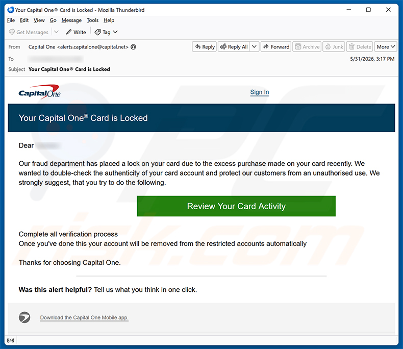 Campanha de spam por e-mail Capital One Card Is Locked
