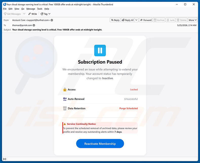 Campanha de spam por e-mail Cloud Subscription Paused