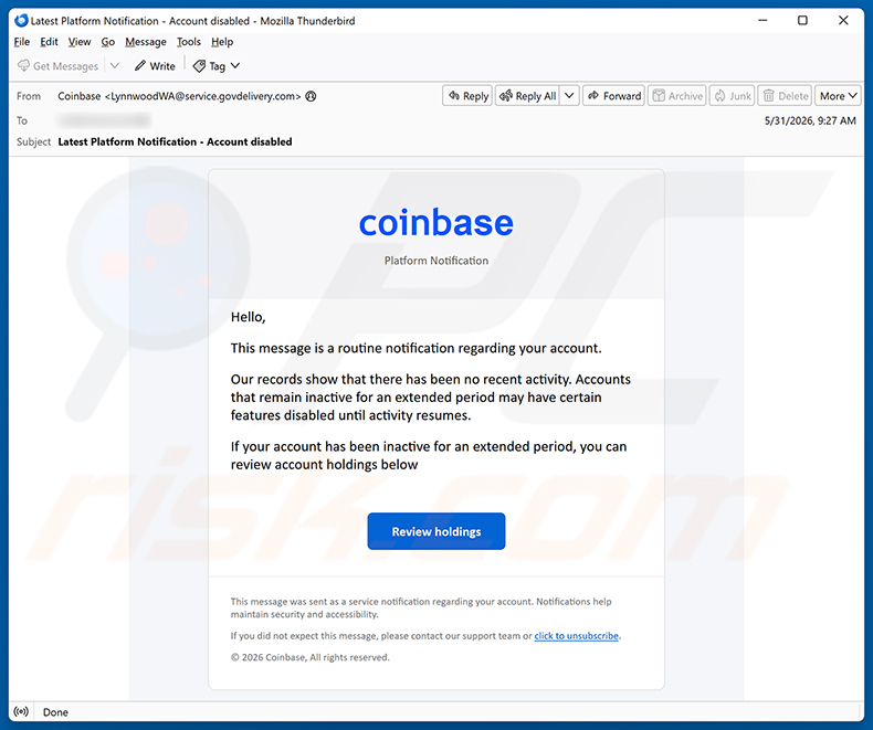 Campanha de spam por e-mail do Coinbase - Disablement Of Inactive Accounts golpe de e-mail
