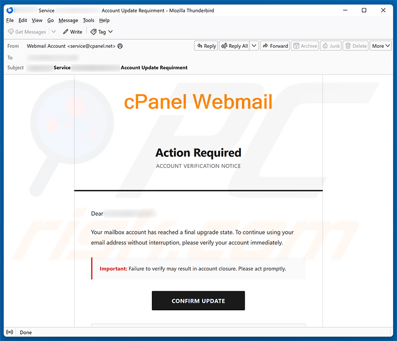 campanha de spam por e-mail cPanel Final Account Upgrade State