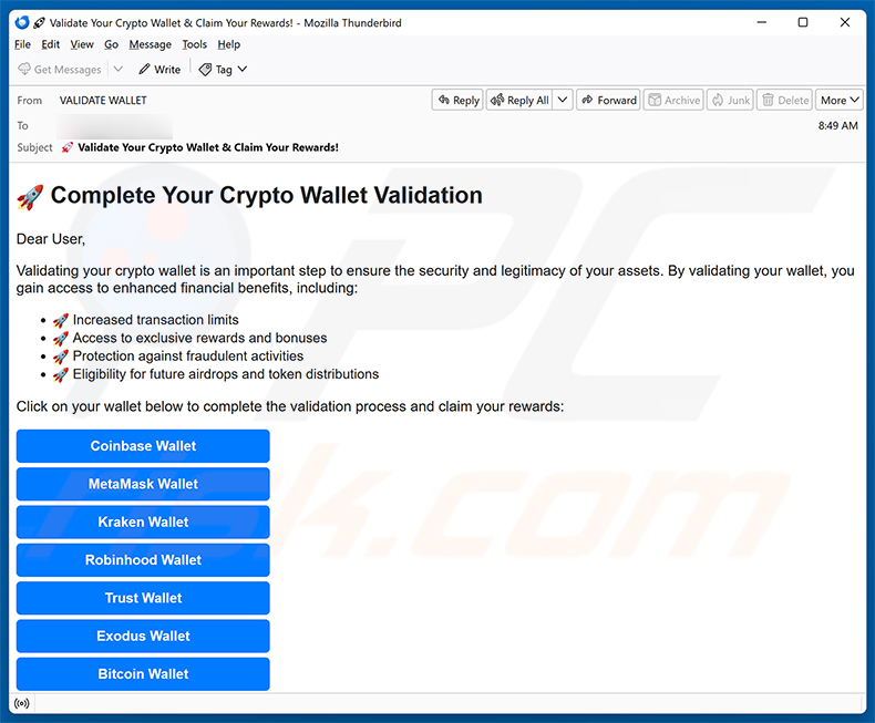 Campanha de spam por e-mail Crypto Wallet Validation