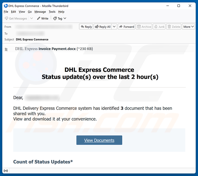 Campanha de spam por e-mail DHL Express Commerce Status Update golpe de e-mail