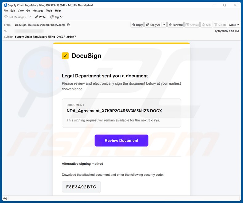 Campanha de spam por e-mail DocuSign - Legal Department Document