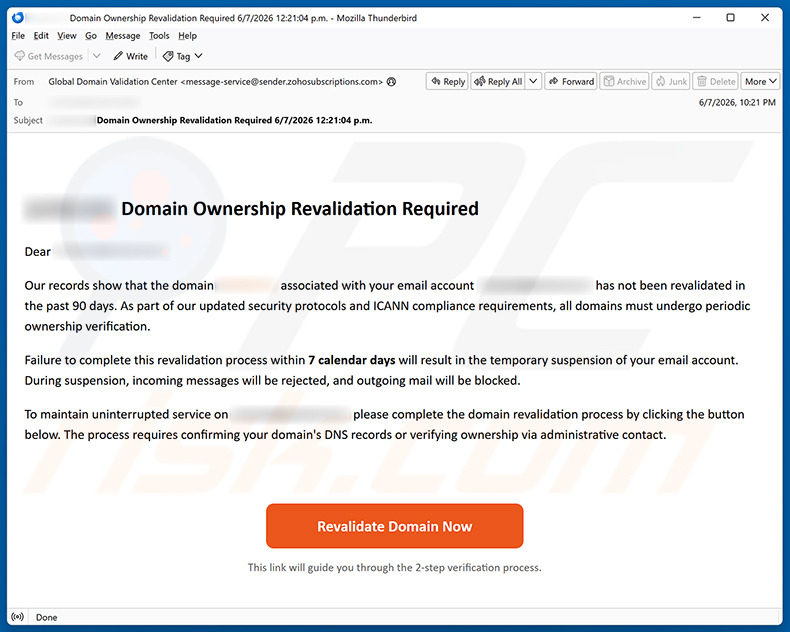 Campanha de spam por e-mail Domain Ownership Revalidation Required
