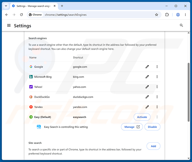 Remover easysearching.net do motor de busca padrão do Google Chrome