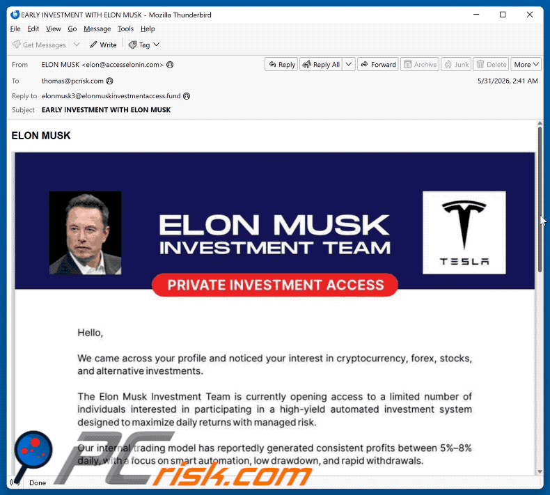 Aparência completa do e-mail fraudulento Elon Musk Investment Team