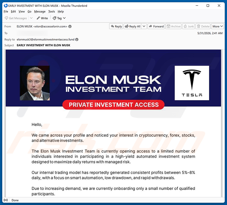 Campanha de spam por e-mail Elon Musk Investment Team