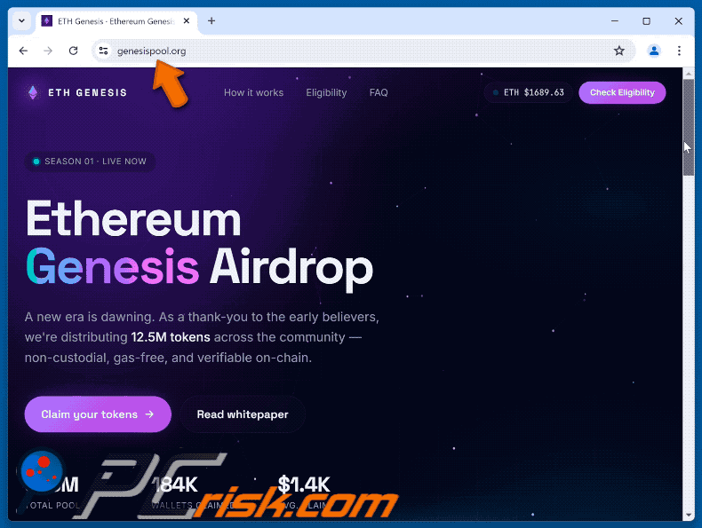Aparência do Ethereum Genesis Airdrop golpe (GIF)