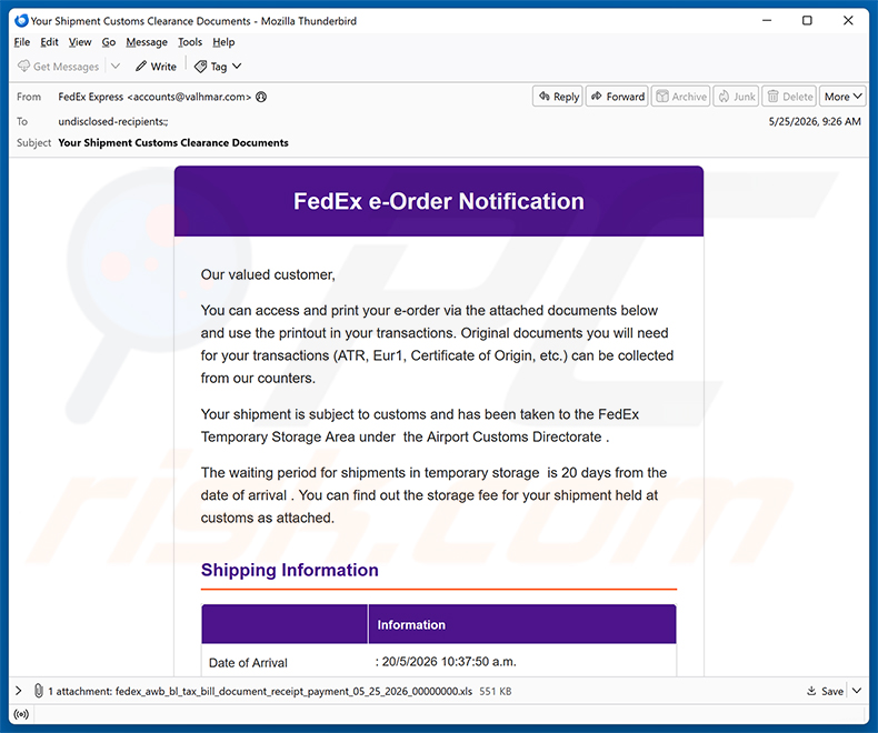 Campanha de spam por e-mail FedEx e-Order Notification