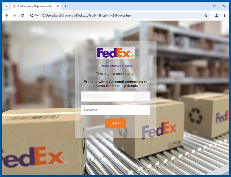 Página de phishing do golpe de e-mail FedEx Shipping Labels/Documents In PDF Format