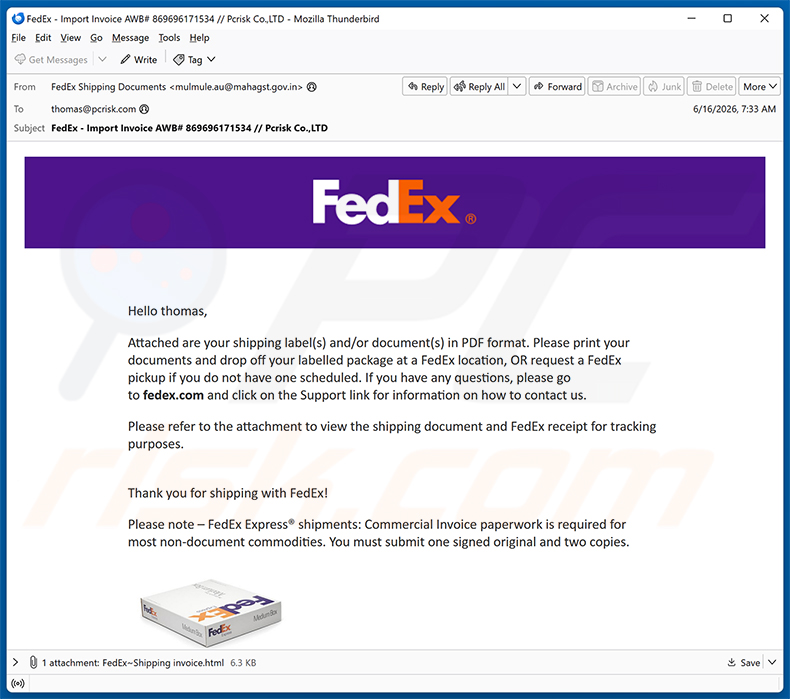 Campanha de spam por e-mail FedEx Shipping Labels/Documents In PDF Format golpe de e-mail