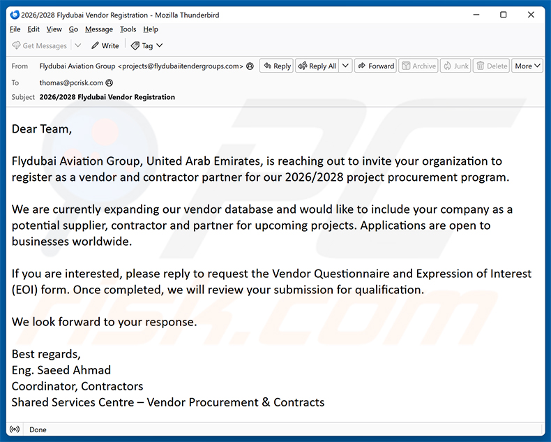 Campanha de spam por e-mail Flydubai Vendor Registration