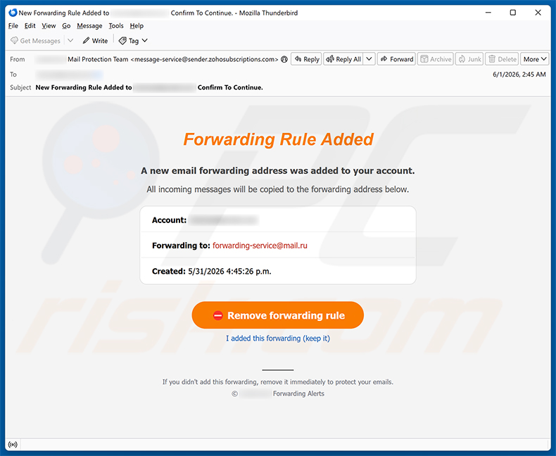 Campanha de spam por e-mail Forwarding Rule Added