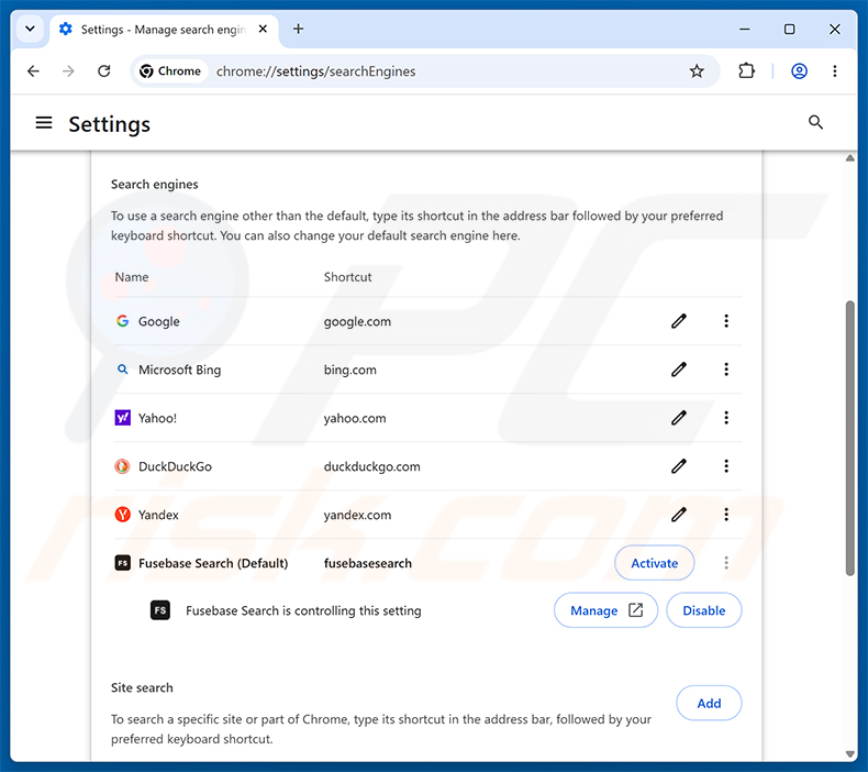 Remover o Fusebase Search (s.fusebase-search.com) do motor de busca predefinido do Google Chrome