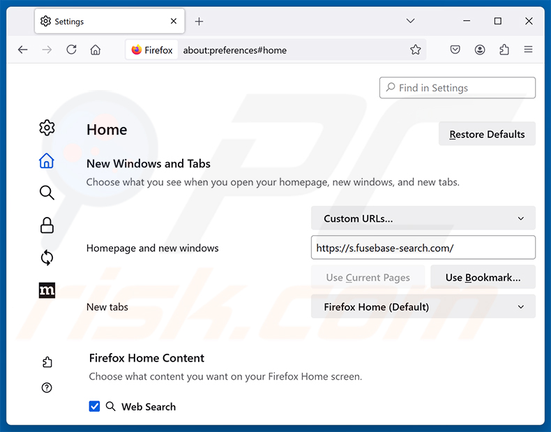 Remover o Fusebase Search (s.fusebase-search.com) da página inicial do Mozilla Firefox