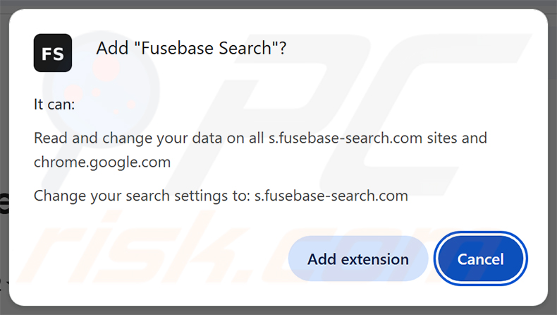 Permissões solicitadas pelo sequestrador de navegador Fusebase Search (s.fusebase-search.com)