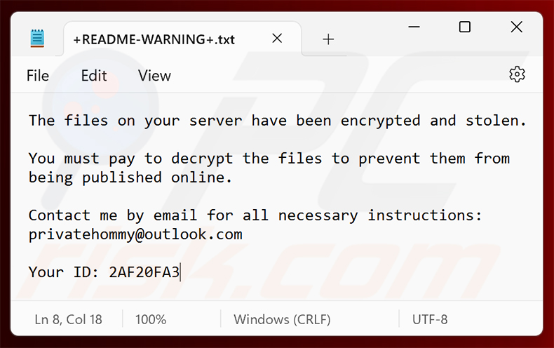 Nota de resgate do ransomware Hommy (+README-WARNING+.txt)