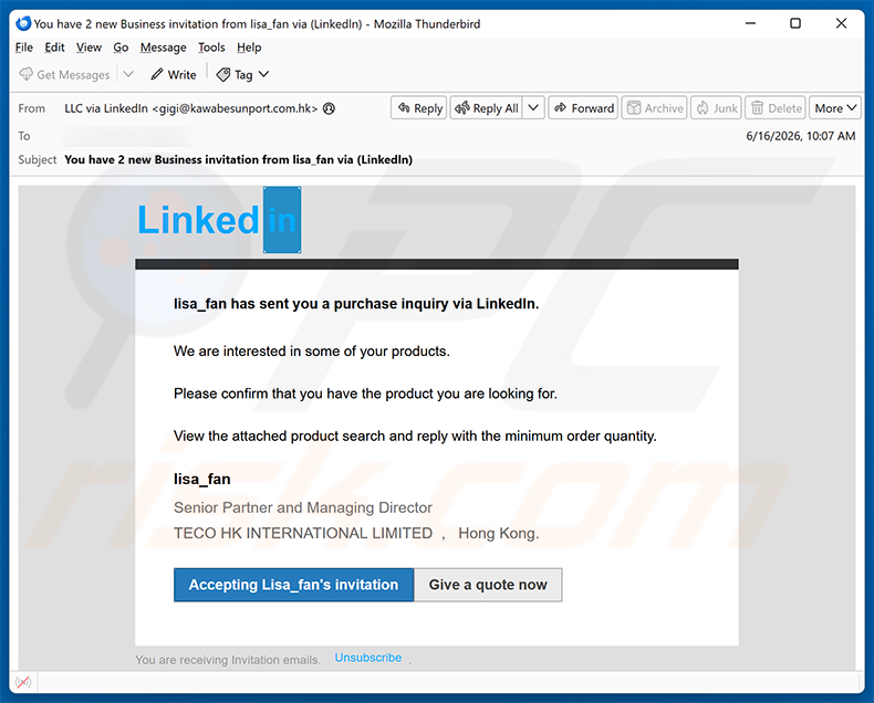 Campanha de spam por e-mail LinkedIn Purchase Inquiry golpe de e-mail