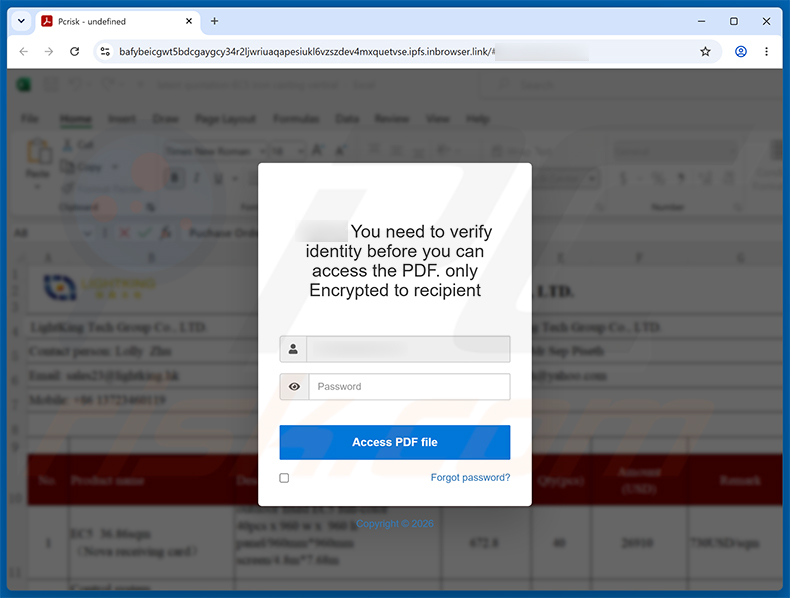Página de phishing do LinkedIn Purchase Inquiry golpe de e-mail