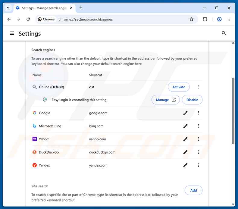 Remover o Easy Login (loginonlineapp.com) do motor de busca predefinido do Google Chrome