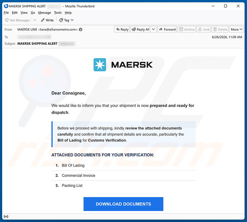 Campanha de spam por e-mail MAERSK Shipment Ready For Dispatch