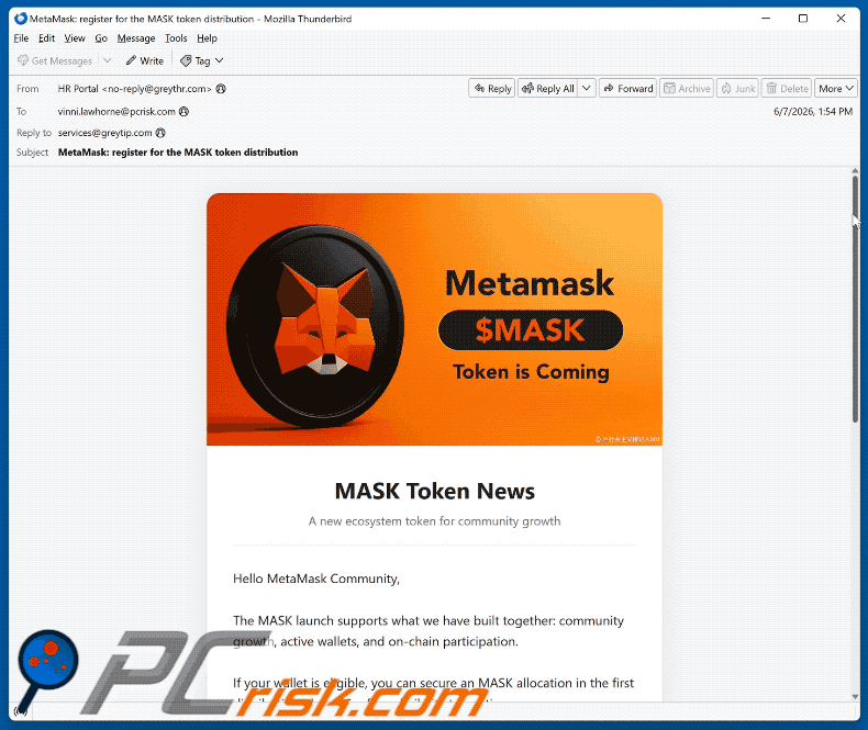 E-mail fraudulento MetaMask ($MASK) Token Allocation (GIF)