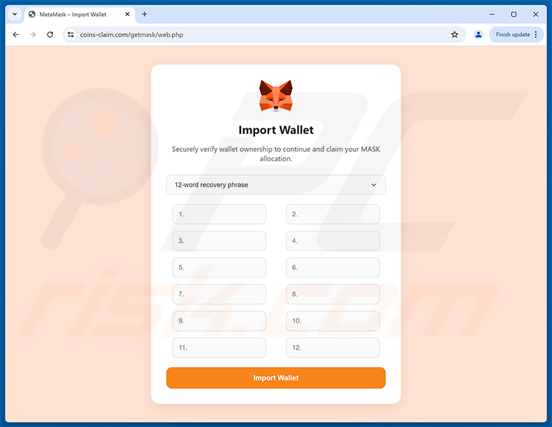Página de phishing MetaMask ($MASK) Token Allocation (etapa 3 - página falsa Import Wallet)