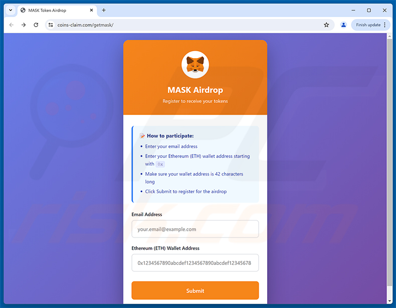 Página de phishing MetaMask ($MASK) Token Allocation (etapa 1 - formulário de registo de airdrop)