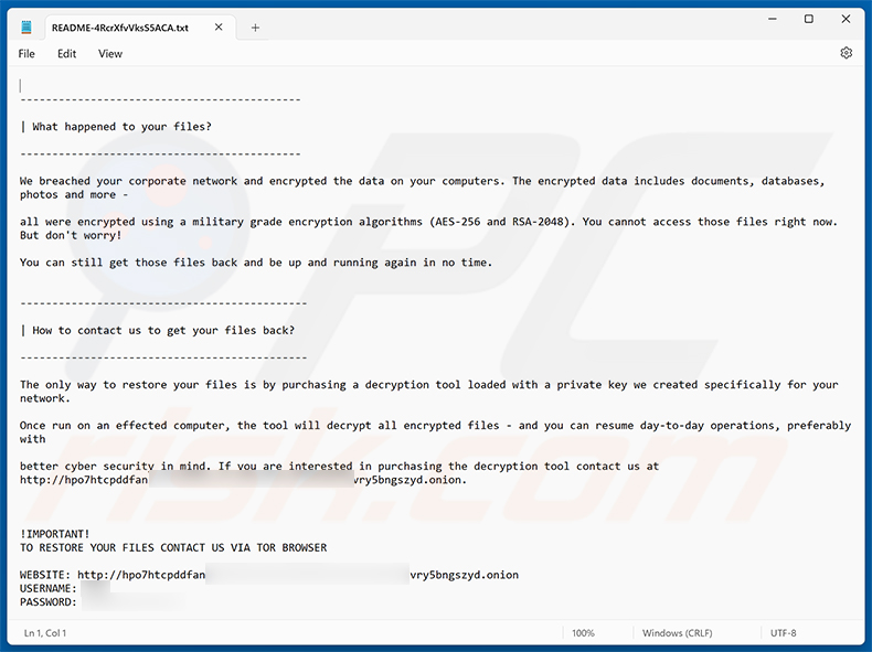 Nota de resgate do ransomware MORTAR (README-4RcrXfvVksS5ACA.txt)