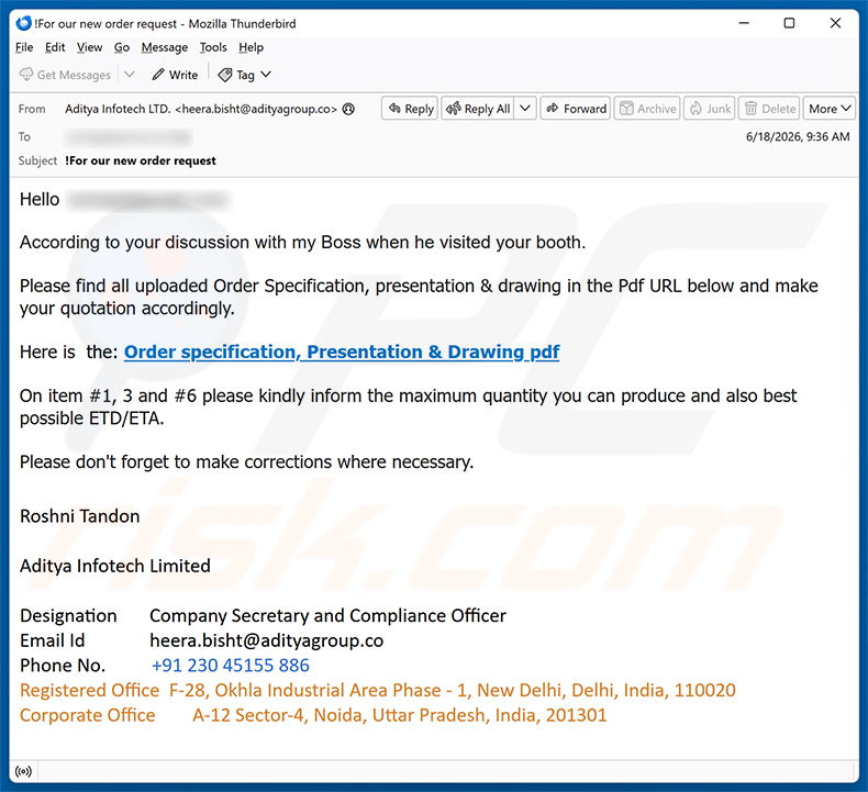 Campanha de spam por e-mail Order Specification, Presentation & Drawing golpe de e-mail