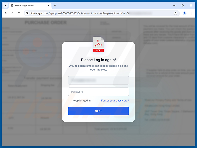 Página de phishing Order Specification, Presentation & Drawing golpe de e-mail