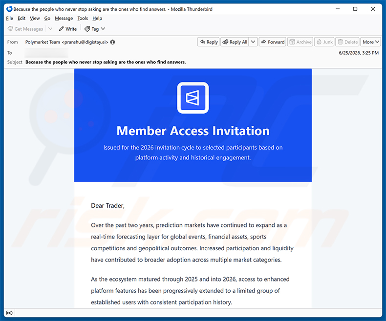 Campanha de spam por e-mail Polymarket Member Access Invitation