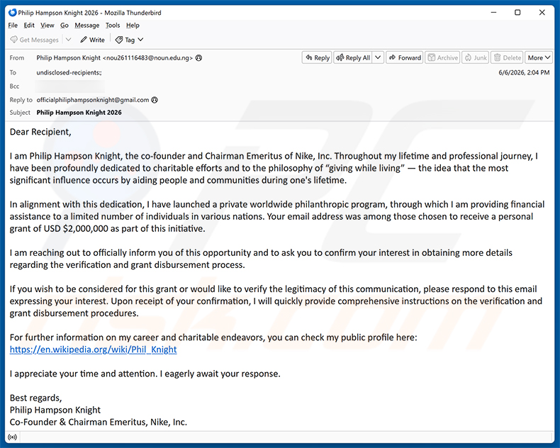 Campanha de spam por e-mail Private Worldwide Philanthropic Program