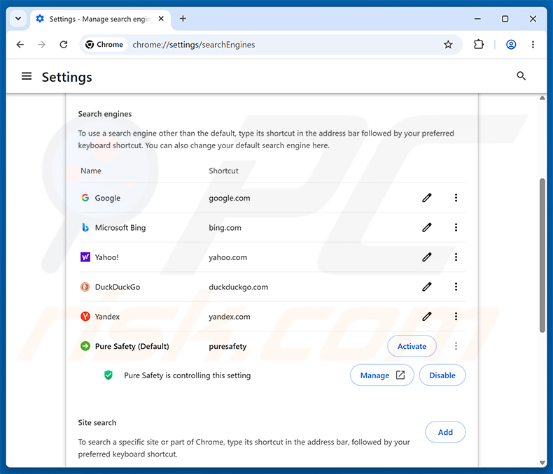 Remover Pure Safety (pureextension.net) do motor de busca predefinido do Google Chrome