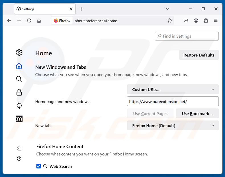 Remover Pure Safety (pureextension.net) da página inicial do Mozilla Firefox