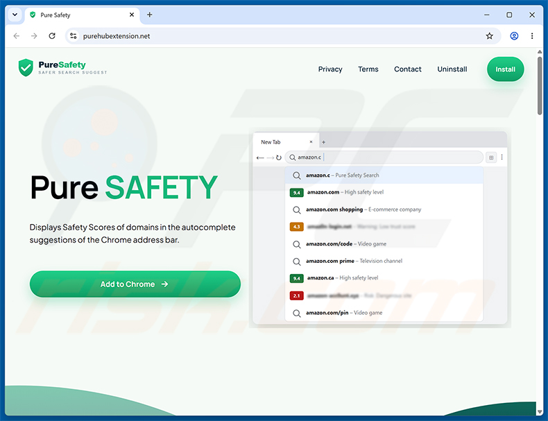 Site promocional oficial do sequestrador de navegador Pure Safety (pureextension.net) (amostra 1)