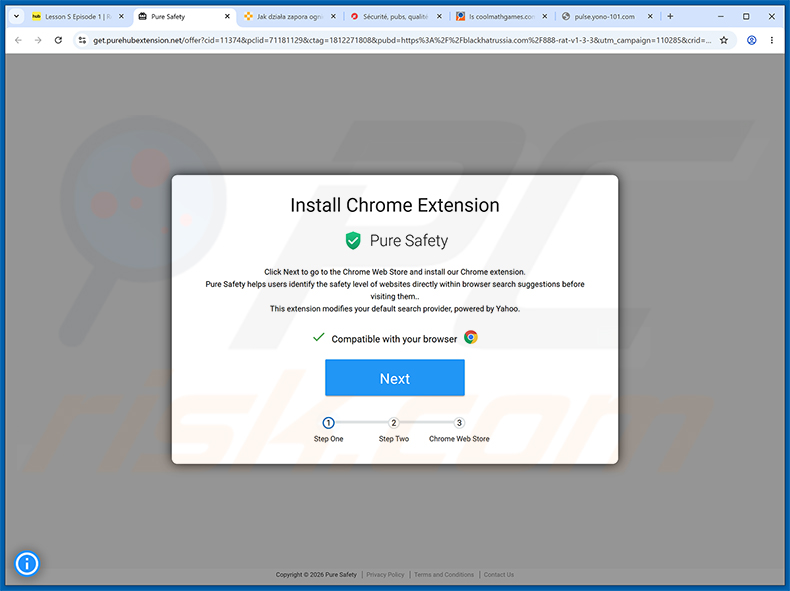 Site promocional oficial do sequestrador de navegador Pure Safety (pureextension.net) (amostra 2)