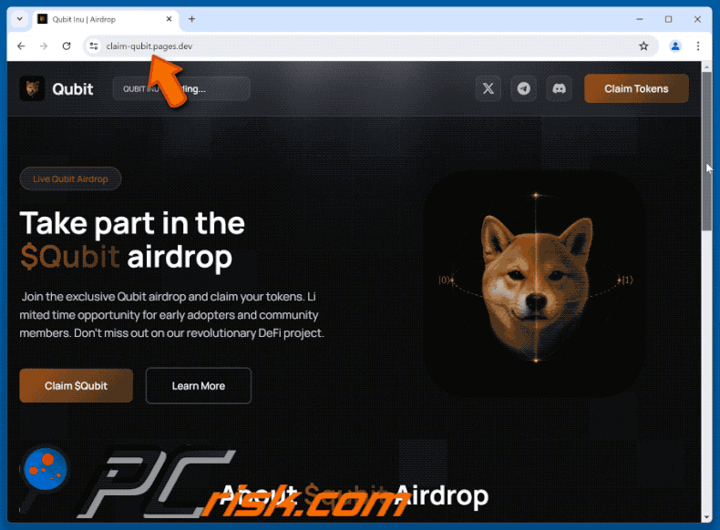 Aparência do $Qubit Airdrop golpe (claim-qubit.pages[.]dev) (GIF)
