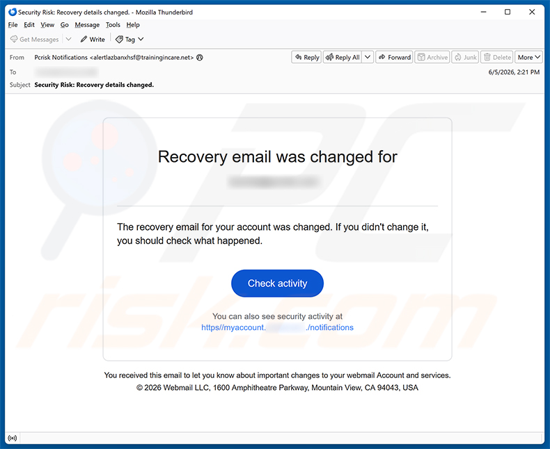 Campanha de spam do Recovery Email Was Changed Scam por e-mail