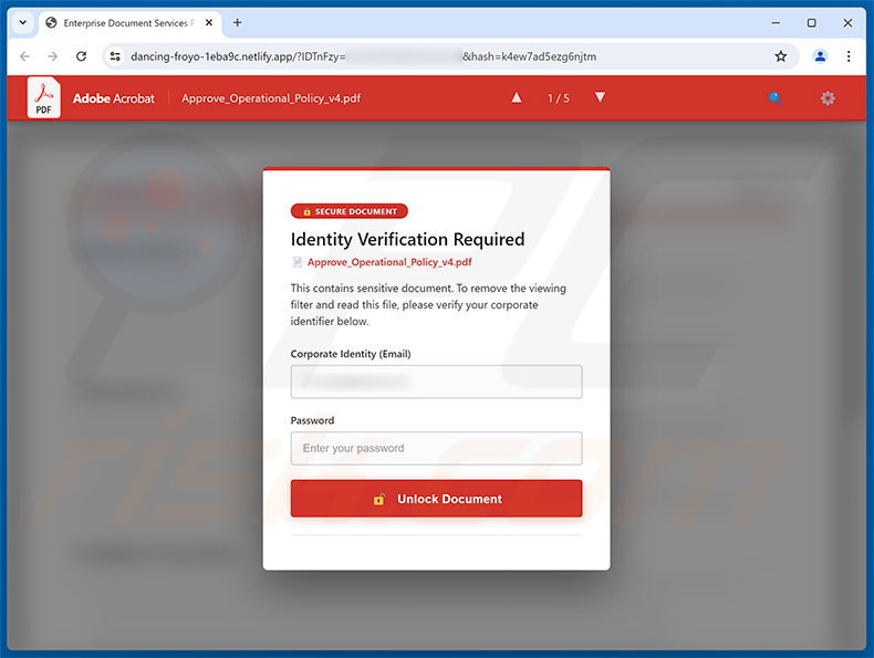 Página de phishing do Revised Invoice Email Scam