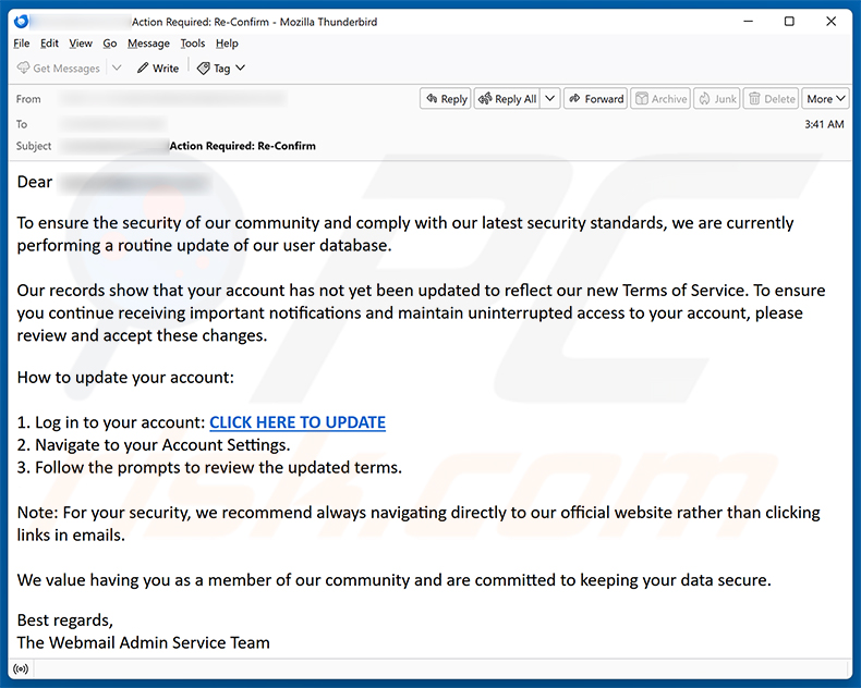 Campanha de spam por e-mail Routine Update Of User Database