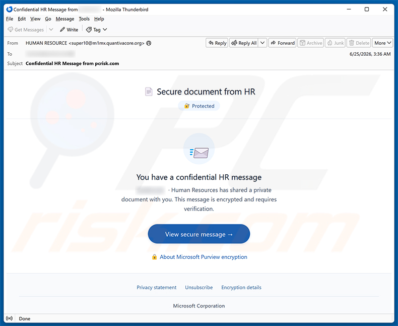 Campanha de spam por e-mail Secure Document From HR
