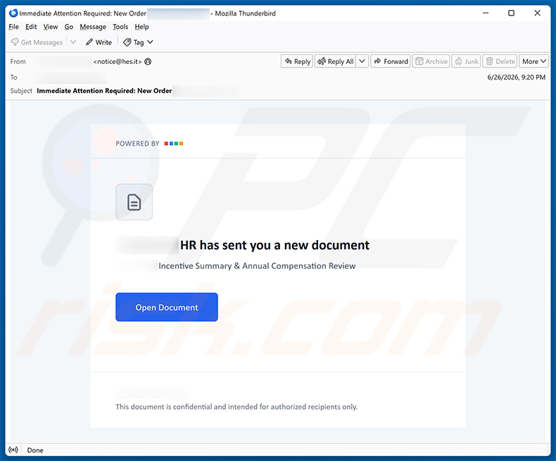 Golpe de e-mail Secure Document From HR (2026-06-30)