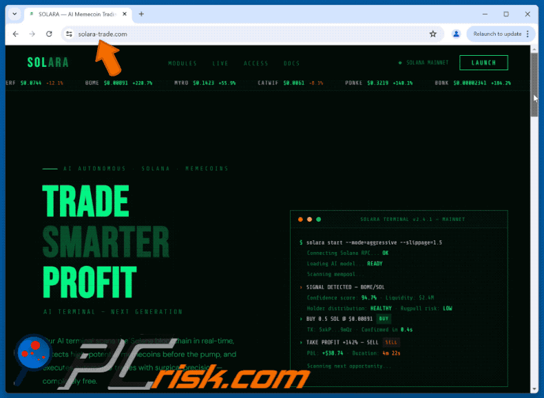 Aspeto do golpe SOLARA — AI Memecoin Trading Terminal On Solana (GIF)