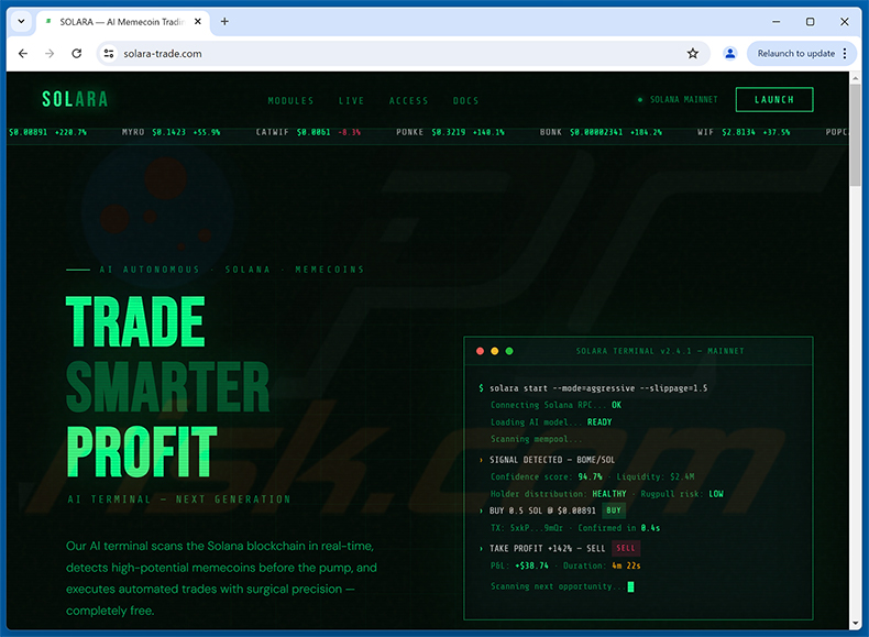 Golpe SOLARA — AI Memecoin Trading Terminal On Solana (solara-trade[.]com)
