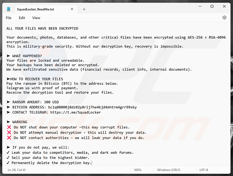 Nota de resgate do ransomware SquadLocker (SquadLocker_ReadMe.txt)