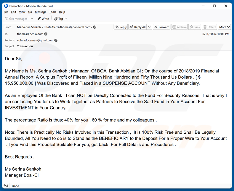 Campanha de spam por e-mail Surplus Profit golpe de e-mail