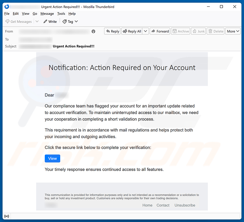 Campanha de spam por e-mail Update Related To Account Verification