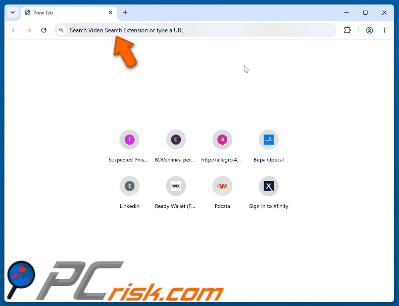 Sequestrador de navegador Video Search Extension (myvideolibrary.info) a redirecionar para o Bing (GIF)